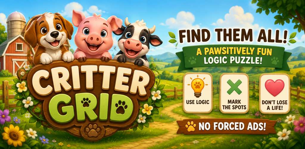 Critter Grid feature graphic with farm animals, logic puzzle icons, and no forced ads message