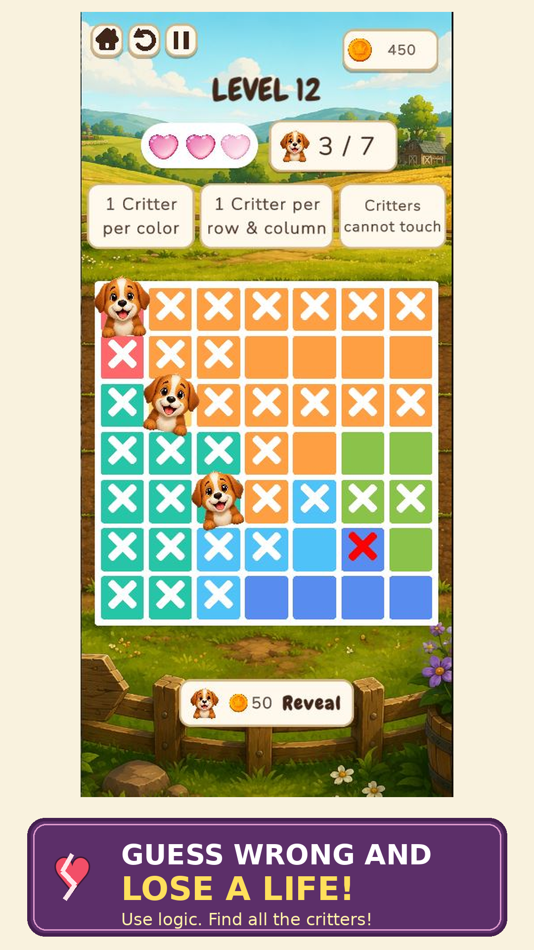Critter Grid gameplay showing a wrong guess that costs a life