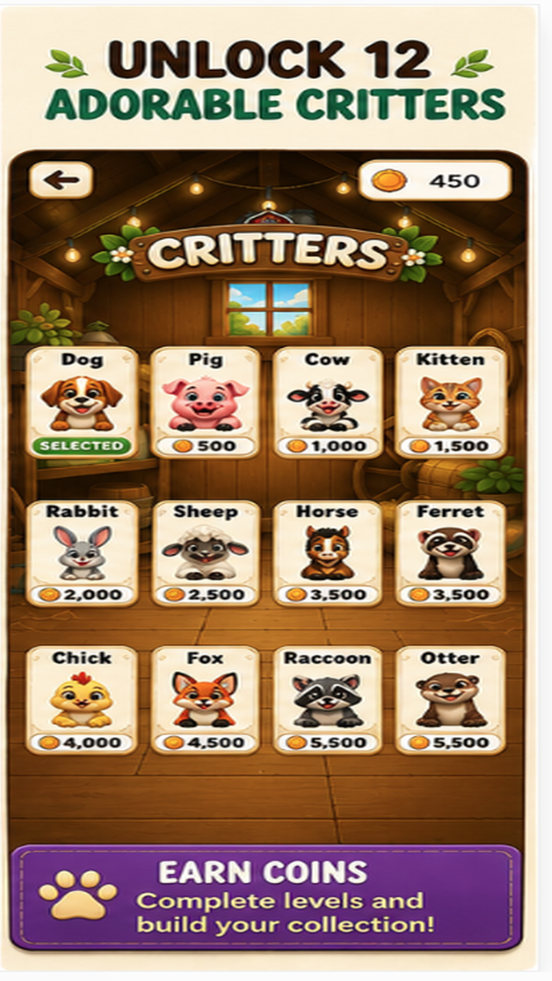 Critter Grid critter shop with twelve unlockable animals