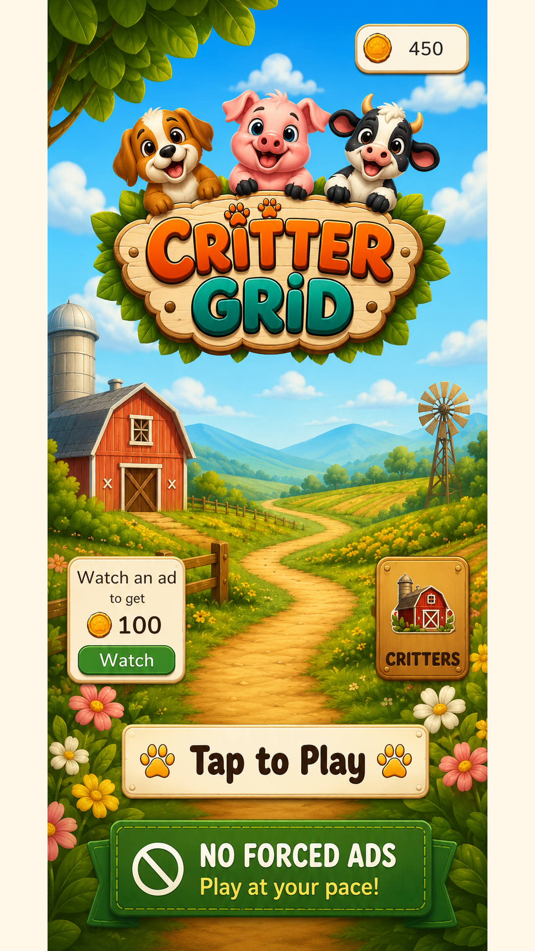 Critter Grid main menu on a sunny farm