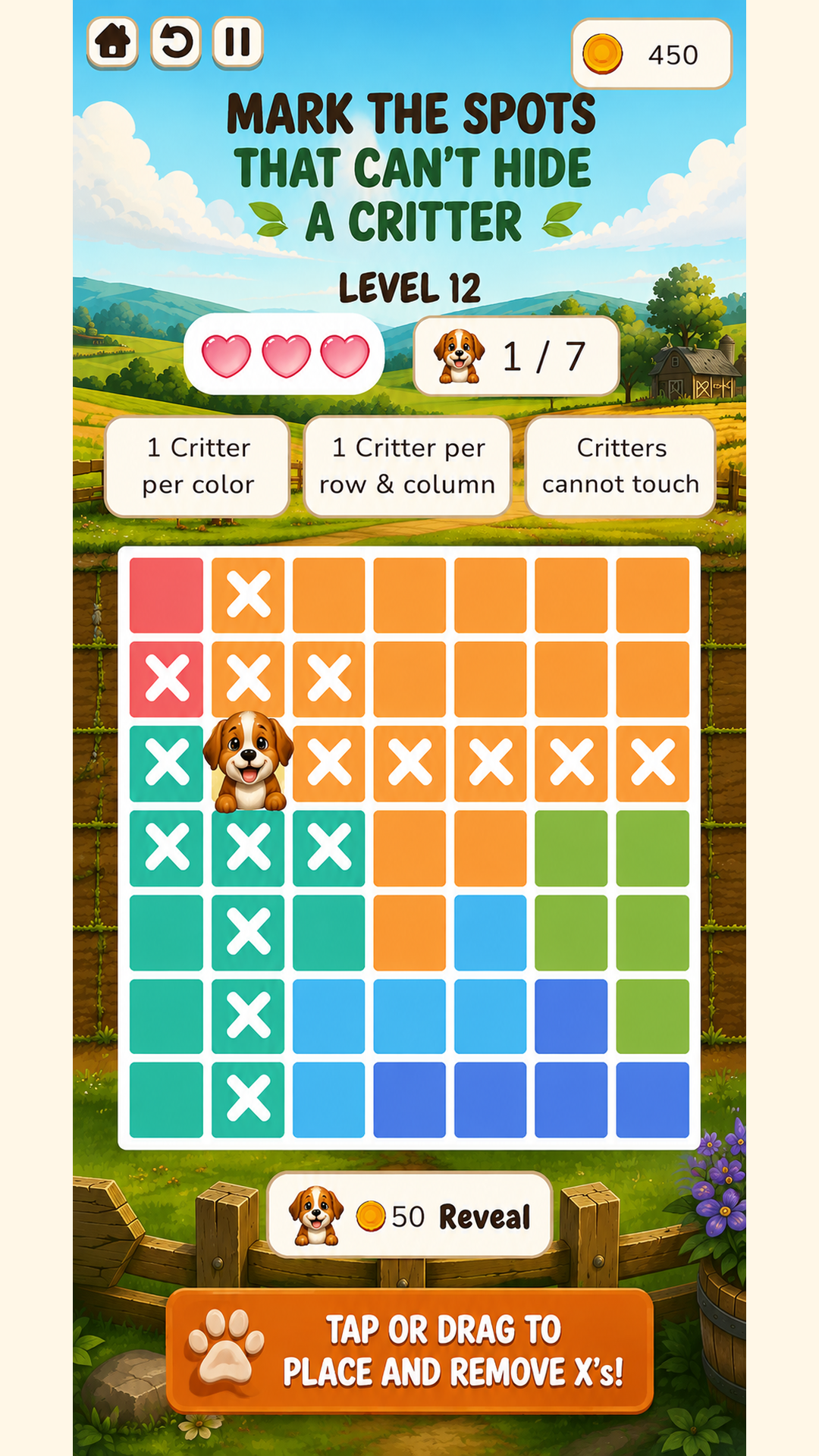 Critter Grid gameplay showing marked spaces and a hidden dog critter
