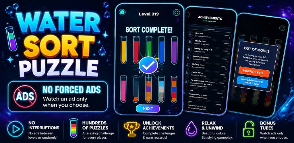 Water Sort Puzzle feature graphic showing gameplay, achievements, and optional rewarded ads