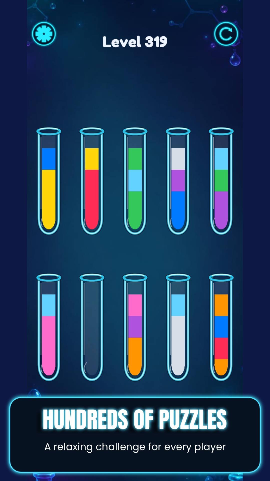 Water Sort Puzzle level showing hundreds of puzzles
