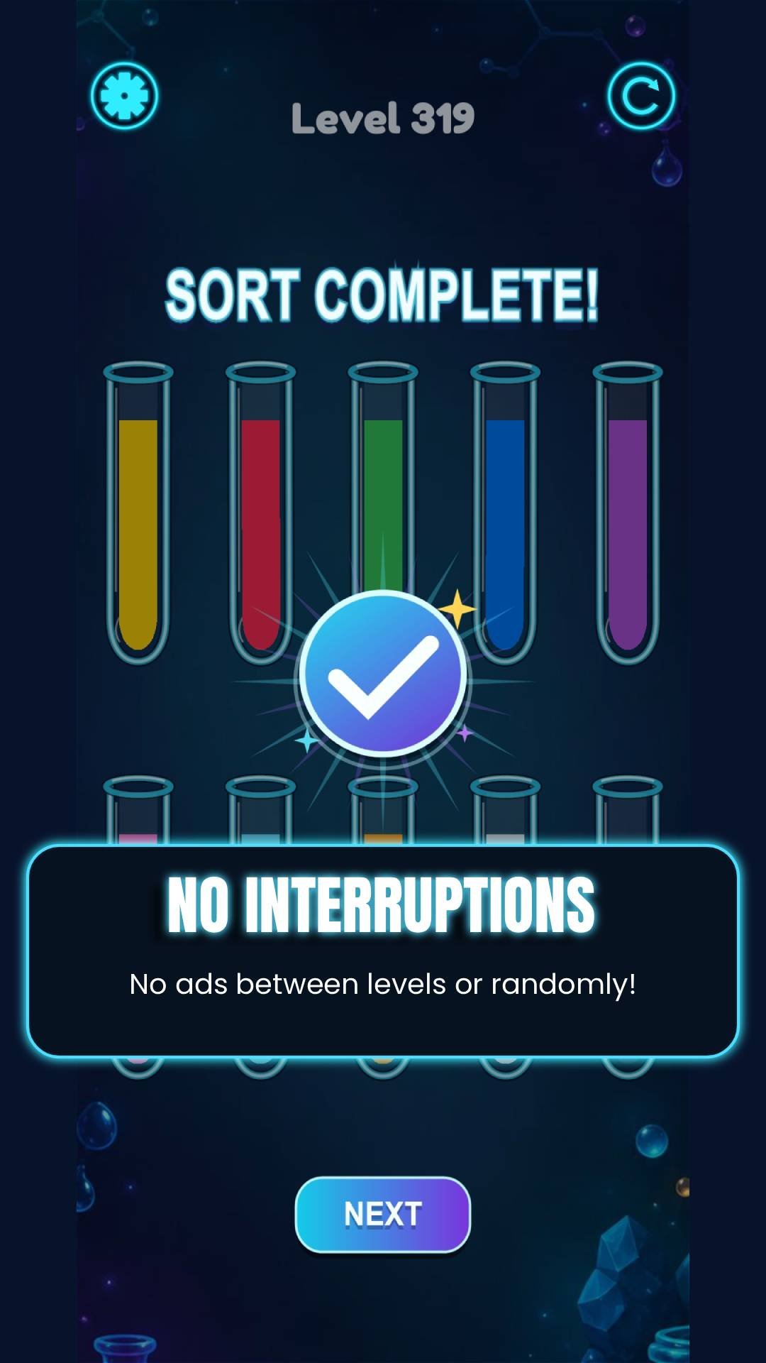 Completed Water Sort Puzzle level with no interruptions