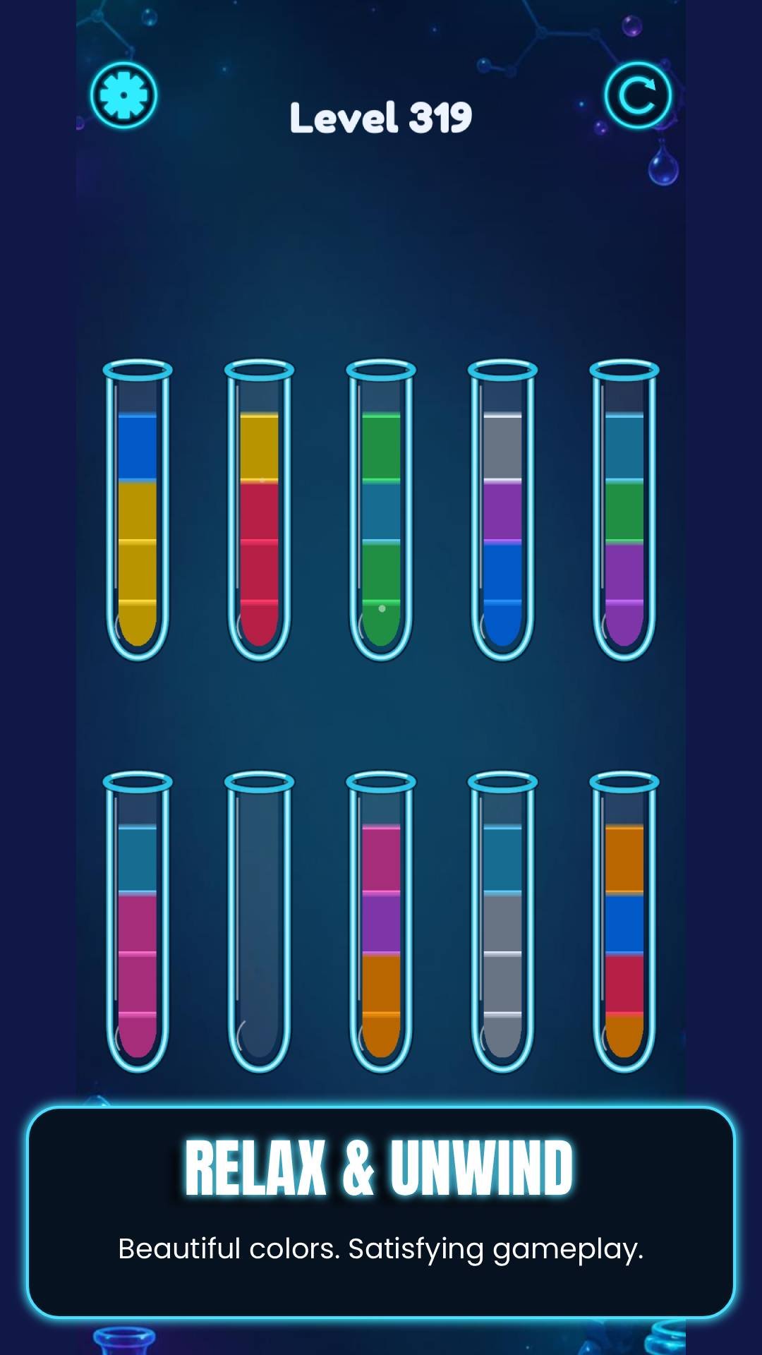 Water Sort Puzzle gameplay with colorful tubes