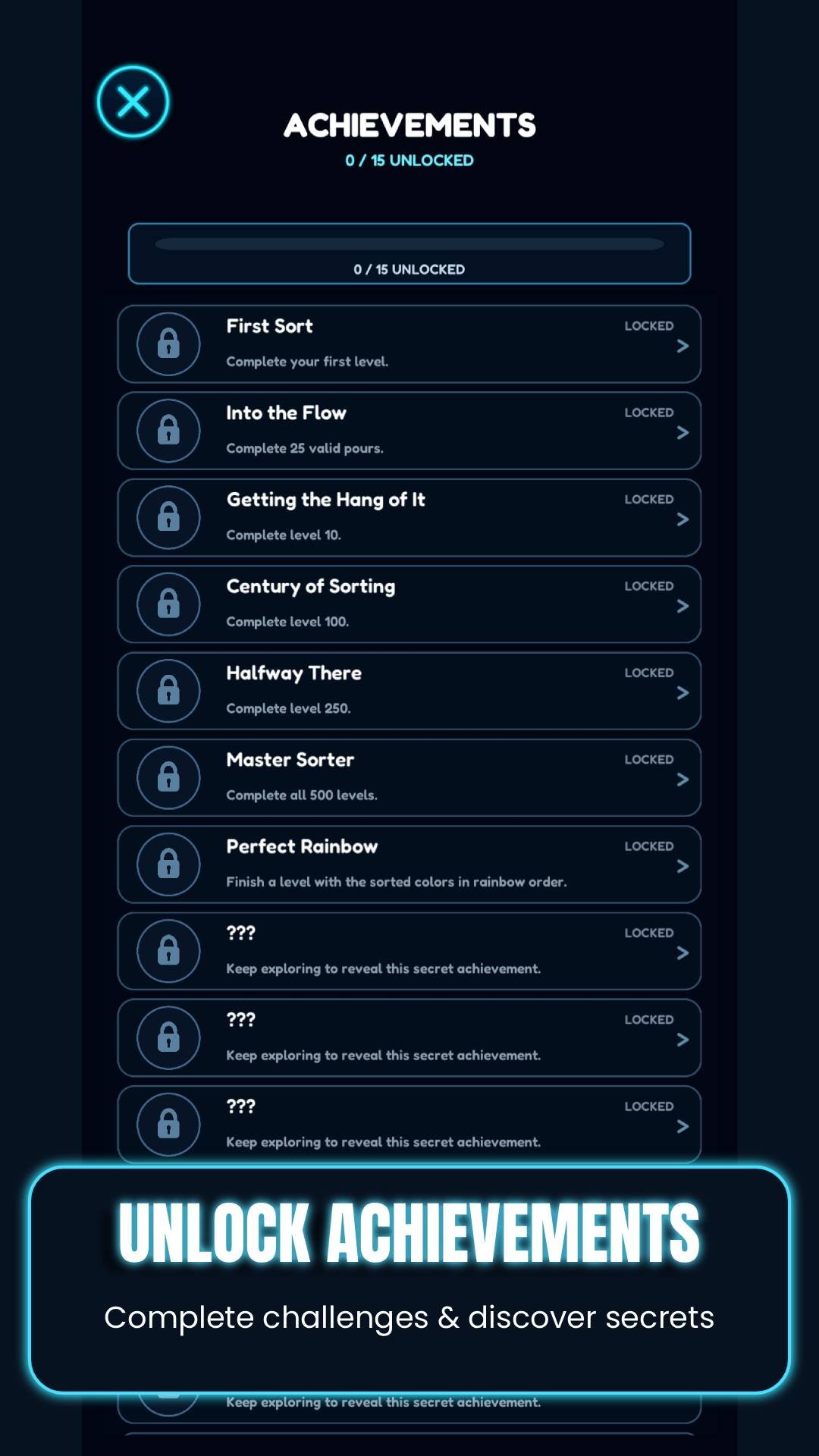 Water Sort Puzzle achievements screen